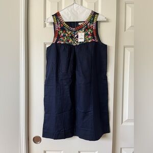 J. Crew Navy linen/cotton tank dress with multicolor floral embroidery, NWT